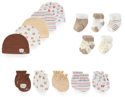 JELYLOVE Unisex Neugeborene Jungen Mädchen Mützen Handschuhe Socken Sets 15er Pack Weich Komfortabel Babyzubehör Neugeboren