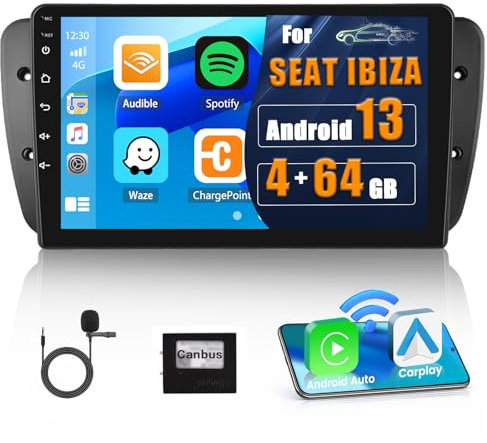 8 Core 4+64GB Android 15 Radio de Coche Wireless Carplay para Seat Ibiza MK4 2009-2013 Pantalla Táctil 9 Pulgadas Android Auto con GPS, Bluetooth, WiFi, FM RDS, Cámara Trasera