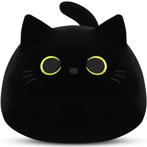 Schwarze Katze Plüschtier Kawaii Kuscheltier, Weiches Stofftier Kopfkissen Gefüllte Puppe Tier Kissen Süße Dekoratives Kissen für Kinder Halloween Weihnachten Geschenk