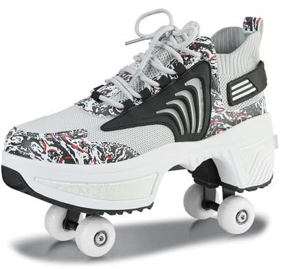 Schuhe mit Rollen für Jungen Mädchen, Rollschuhe mit 4 Einziehbaren Rädern, 2-in-1 Rollschuhen und Sneakers, Roller Skate Shoes für Kinder Teenager (Schwarz, 38)