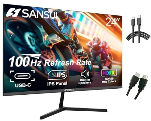 SANSUI Monitor de 24 Pulgadas con Altavoces, USB Tipo C 100Hz FHD 1080P, Monitor de computadora HDMI DP HDR10 RTS/FPS, Montaje VESA Ajustable de inclinación (ES-24X3 Tipo C y Cable HDMI Incluido)