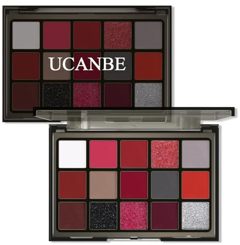 UCANBE Rote Lidschatten Palette, 15 Farben Burgunry Grau Silber Schimmer Matt Glitter Metallic Makeup Palette, Pigmentierte Make Up Kit für Halloween Parteien Weihnachten Joker Vampir Clown