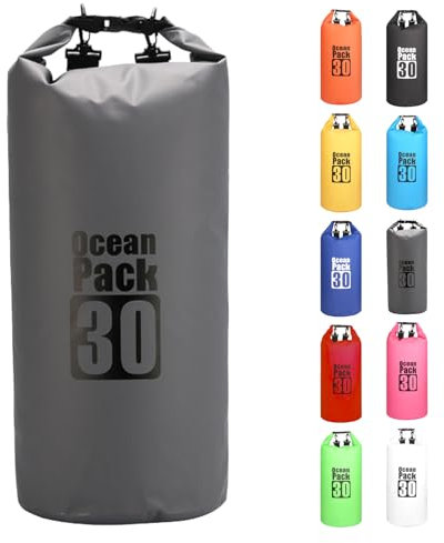 MORAINJAY 30L Wasserdichter Beutel, Grau Dry Bag 2L/5L/10L/15L/20L/25L/30L mit Verstellbarem Gurt, Schützt Telefon/Karte, Roll Top Wasserdichter Beutel Rucksack für Schwimmen/Rafting/Bootfahren
