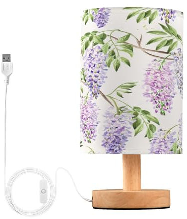 Mnsruu Bedside Table Lamps, Wisteria Lilac Flowers Hand Drawn USB Table Lamp for Bedroom, LED Light Bedroom Bedside Table Décor Night Lamp Warm White