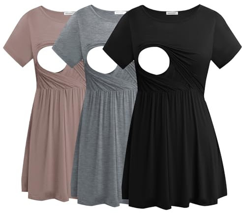 Smallshow Maglia Allattamento Donna Maniche Corte Maglietta Premaman 3-Pack,Black-Brown-Light Grey,L