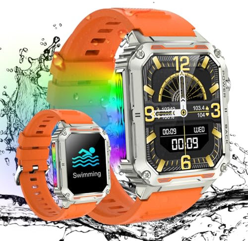 Militär Smartwatch Herren mit Telefonfunktion 50M Wasserdicht Smartwatch mit 8 RGB LED Taschenlampe Outdoor Uhren 100+ Sports Fitnessuhr mit Blutdruckmessung Herzfrequenz Schlafmonitor für Android iOS