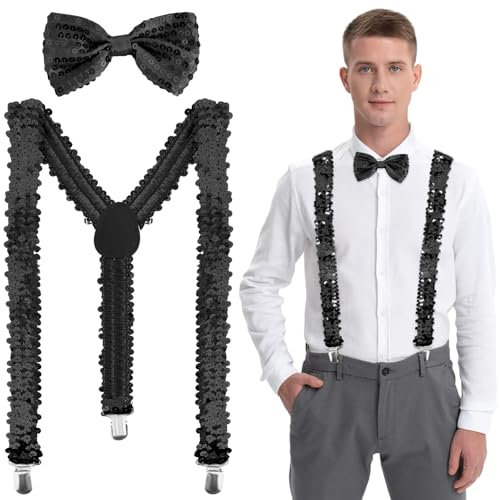 Glitzer Hosenträger Set - 2 Stück Mit Pailletten Fliege, Y Clip für Herren Damen, Kostüm für Neujahr, Karneval, Leistung (Schwarz)