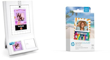 HP Sprocket Photobooth Instant 3x4” Color Photo Printer (White) Capture & Customize with 250+ Frames, Sprocket 3.5 x 4.25” Zink Sticky-Backed Photo Paper (100 Pack)