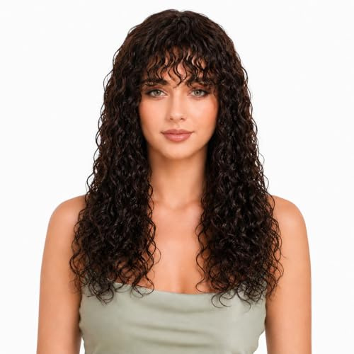 ManeMajesty Wet and Wavy lockige Perücke mit Pony 60 cm Naturfarbe | 100% Echthaar, Wet and Wavy Styling, lacefrei und kleberlos, maschinengefertigt, lockige Wear and Go Perücke für Frauen