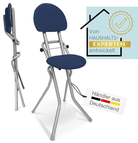 ELONEO Sitzhilfe, Bügelstehhilfe rückenschonend, rutschfest u. platzsparend, 3-Fach höhenverstellbar (58-65 cm), mit Rückenkissen, belastbar bis 120kg, Blau 45 x 98 x 47 cm