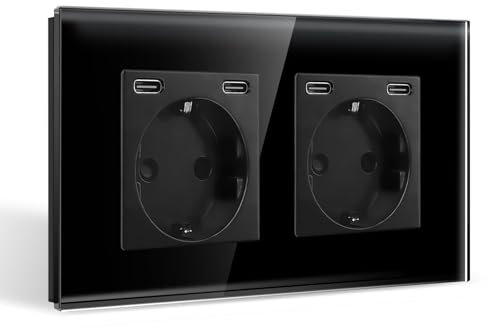 CNBINGO Doppelsteckdose mit 4× TypC (USB-Anschluss 20W Schnellladen) - Zweifach Glas Schuko Steckdose Unterputz - Schwarz Wandsteckdose mit Kindersicherung