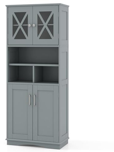 GIANTEX Colonne Salle de Bain en MDF, Armoire Haute Salle de Bain à 4 Portes, 3 Étagères Réglables, 3 Comportements Ouvertes, Design Imperméable, Meuble Rangement 60 x 30 x 145 cm (Gris)