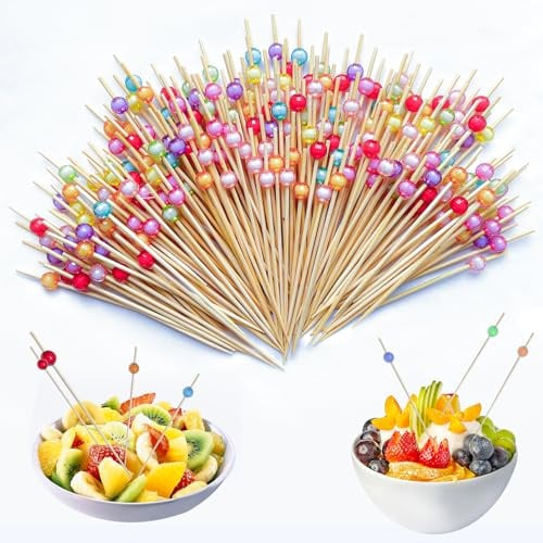 200PCS Cocktail Sticks Wooden 12CM 4.7IN Wooden Skewers for Fruit Kebabs | Colourful Acrylic Ball Toothpicks Wooden Bamboo Skewers Cocktail Accessories for Drinks Fruit Sandwich Charcuterie Burgers