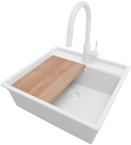 PRIMAGRAN Fregadero Granito de Esquina Todo Blanco 56x53cm, Cocina 1 Seno + Grifo 40x20cm + Sifón + Tabla de cortar, Sobre encimera al mueble 60cm - Bergen