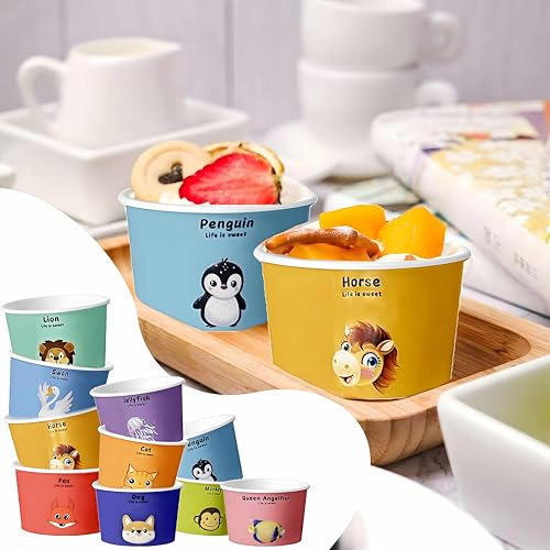 QIANAI Ciotole da dessert usa e getta, 50 pezzi con 50 cucchiai, gelato con cucchiaio, multiuso, vari motivi, di alta qualità, 180 ml, multicolore, casual, gelato