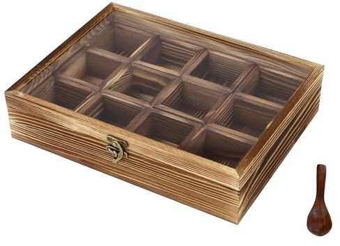 HongKKon Wooden Spice Box,Wooden Spice Box With 12 Containers Top Transparent Cover Spice Storage Container With Spoon,Spice Fit Box Apply To Storing Different Spices or Teas