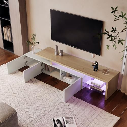 MINGZHE Supporto per TV, moderno tavolo TV, supporto per TV, supporto per TV, con vano portaoggetti e luci a LED, centro intrattenimento, console multimediale, tavolo da soggiorno TV, bianco 200 x 39