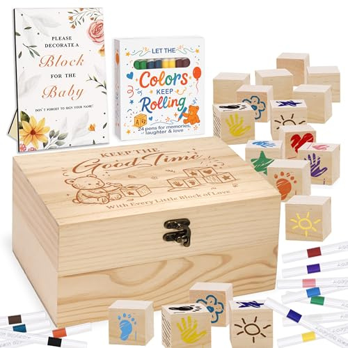 Amzsudy 78 PCS Shower Games Sign Kit for Boys Girls, Wooden Box and Sign, Blank Wooden Blocks for DIY Drawing, Markers, Shower Game for Gender Reveal Activity, Shower Ideas Decorations, Bear C