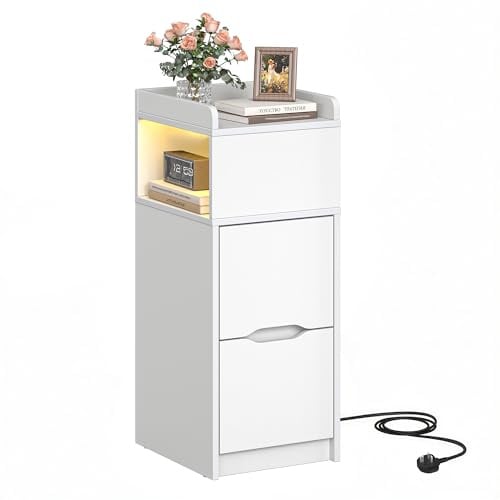 Quikraen Narrow 30cm Bedside Table with Charging Station & Sensor LED Light | Small bedside cabinet with 1 flexible directional open compartment and 2 drawers for Living Room Bedroom, White (1 pc)
