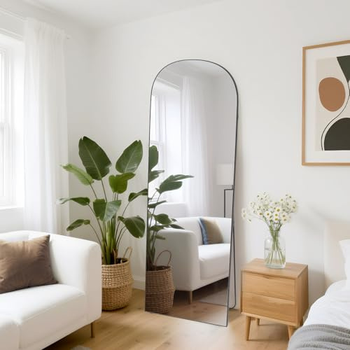 Specchio a Figura Intera 162 x 52cm, Vetro Temperato, Cornice in Alluminio | Specchio da Terra ad Arco con Supporto, Specchi da Parete Lungo da Appendere o Appoggiato per Camera da letto Ingresso, nero