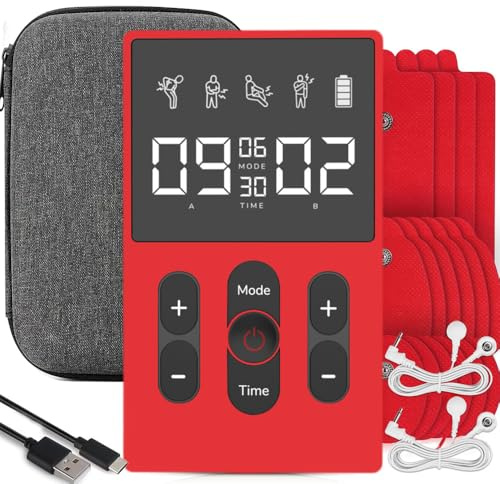 TENS Machine & EMS Unit, 12 Modes Muscle Pain Relief, Massager with 16 Pads & Carry Case for Home Use, Portable Electronic Pulse Massager for Neck, Back, Shoulder, Leg