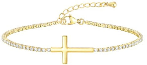 Kreuz Armband Damen Zirkonia Tennisarmband – Christlicher Schmuck Armband Kreuz Anhänger Religiöser Schmuck Damen Frauen Mädchen Geschenkidee Ostern Geburtstag Jahrestag Trend Schmuck Gold Silber