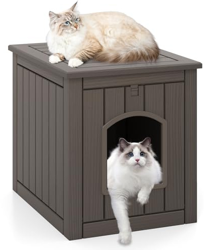 COSTWAY Indoor Outdoor Cat House, Waterproof Plastic Hidden Cats Litter Box Enclosure with Flip Front Door & Raised Floor, Kitten Condo Kennel Pet Bed Hideaway Cave, 60 x 47 x 54.5cm (Light Coffee)