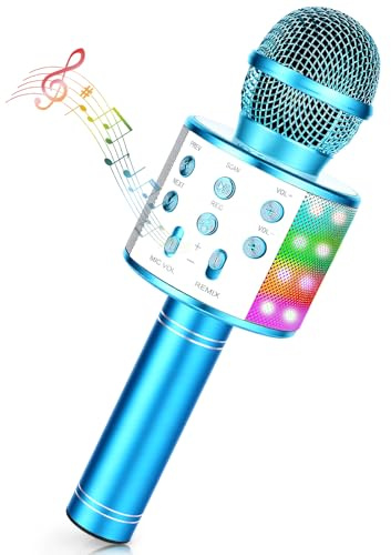 Ambesty Microfono per Karaoke perBambini,Microfono Wireless Bluetooth con LED, Regalo per Ragazze,Ragazzi, Macchina per Karaoke Portatile per Cantare, Registratore per Altoparlante KTV (blu)