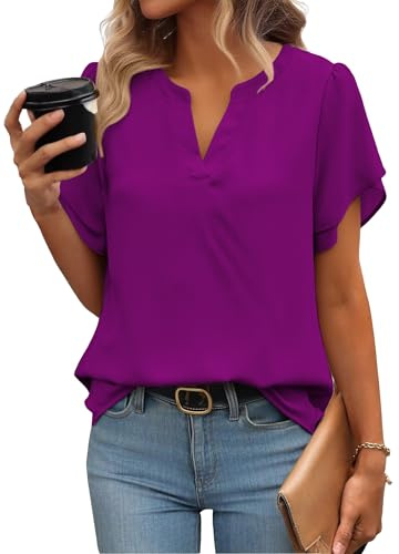 Zeagoo Bluse Damen Elegant Sommer Oberteile Kurzarm Chiffon Blusen | V-Ausschnitt | Tunika Shirts | Doppellagige | Flatter Mesh Tops | Blütenblattärmel | S-XXL
