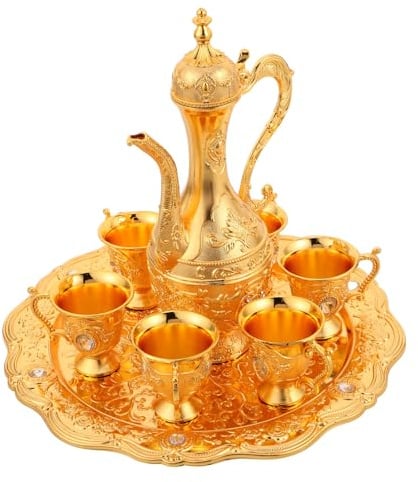 TOKIDNY Set di Tazze da Tè Turco Vintage in Legno Oro con 5 Pezzi, Servizio da Tè Decorativo per Ristorante e Presentazioni di Cucina Occidentale