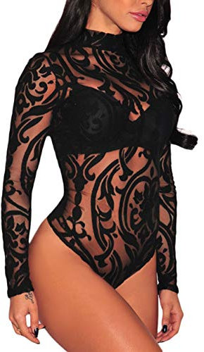 SEBOWEL Women Sexy Sheer Mesh Bodysuit Turtleneck See Through Long Sleeve Leotard Tops Bodycon Blouse T Shirt Clubwear (L, Black)