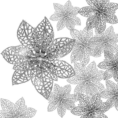 24 Stück Glitter Poinsettia Weihnachtsbaum Ornament Weihnachten Blumen Dekor Ornament (Silber)