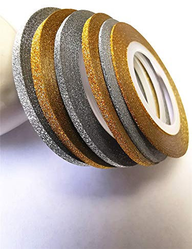 Valuu Lot de 6 rouleaux de ruban adhésif à paillettes dorées et argentées pour nail art, 1 mm, 2 mm, 3 mm
