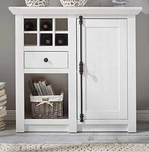 GuenstigEinrichten Kommode Landhausstil Hooge in Pinie weiß Landhaus Sideboard mit Weinregal 105 x 100 cm