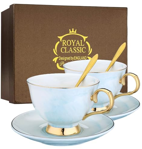 XUDREZ Porcelain Tea Cup Coffee Mug Set for Morning Tea -with Coffee Cup + Saucer + Teaspoon Sets of 2, 200ml