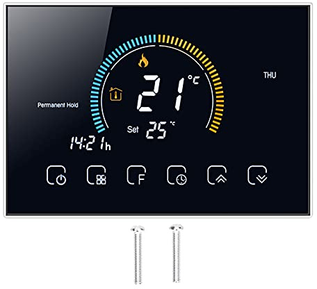 Zerodis Intelligentes Thermostat, LCD-Touchscreen-Temperaturregler Programmierbarer Thermostat-Lichtschalter für Hauswassererwärmung AC95-240V(Schwarz)