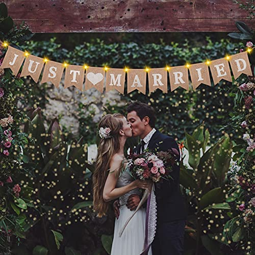 Ulikey Just Married Banner, Hochzeit, Dekoration, Girlande mit LED, Lichterkette, Fee, 3 Modi, Funkeln, Vintage-Banner, Leinen, Just Married, für Dekoration von Hochzeit, Party (2)