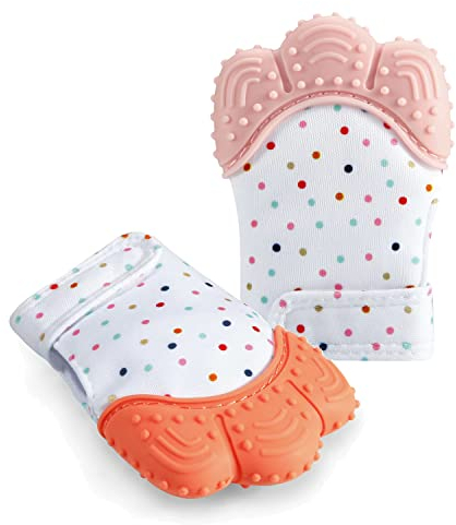 PandaEar 2er Baby Beißhandschuhe| Knisternder Handschuhe Beißring Spielzeug| Beruhigende Kinderkrankheiten Mitten, Schmerzlinderung, Schutzhandschuh für 0-12 Monate Baby Stimulierung Zahnen Handschuhe