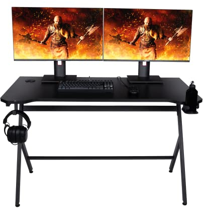Konix Drakkar Escritorio Gaming Mani 121 x 69 x 76 cm en Forma de Y - Tablero de Mesa de Madera y Metal - Portavasos y Soporte para Auriculares incluidos - Negro