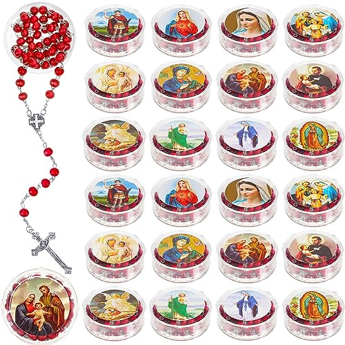 Henoyso 24 Pcs Rose Scented Catholic Rosaries Necklaces Wooden Beads Rosary Necklace Religious Rosary Jesus Cross Catholic Schools Week Gifts Holy Rosaries in Bulk with Boxes for Prayer(Red)