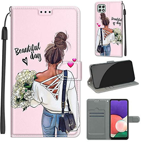 TOMYOU PU Leather Wallet Case for Samsung Galaxy A22 5G, Pink Floral | Pouch Design, Book Flip Folio, Magnet Closure, Kickstand, Card Slots, Wrist Strap Lanyard, Pattern Style
