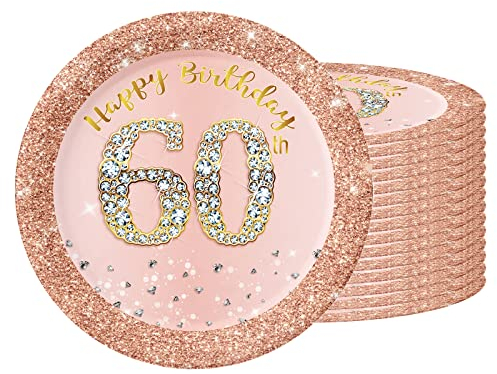 16 PCS Assiette Jetable 7 Pouces,Assiette Anniversaire Rose Gold,Decoration Anniversaire 60 Ans,Assiette Dessert Jetable pour Fêtes Joyeux Anniversaire Decoration,Kit Vaisselle Jetable Anniversaire
