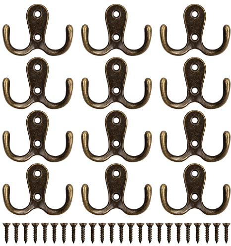 12 Pièces Patère Patere Porte Manteau Mural, Rétro Patère, Crochets Doubles Porte Manteau Mural Rétro en Métal avec 24 Vis pour Porte-Manteau Salle de Bain Cuisine (Bronze)