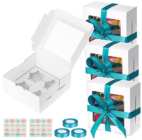 TsunNee Cupcake-Boxen mit 4 Löchern und Sichtfenster, wiederverwendbare Karton-Kuchenboxen für Cupcakes, Muffins, Leckereien, Einweg-Papier-Bäckerei-Boxen, Geschenkboxen für Zuhause, Bäcker, Hochzeit