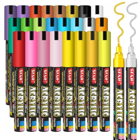 SFAIH Acrylic Paint Markers Paint Pens - 24 Colors 2-3mm Medium Tip Paint Pens for Rock Painting, Wood, Metal, Fabric, Plastic, Canvas, Glass, Ceramic, Diy Crafts