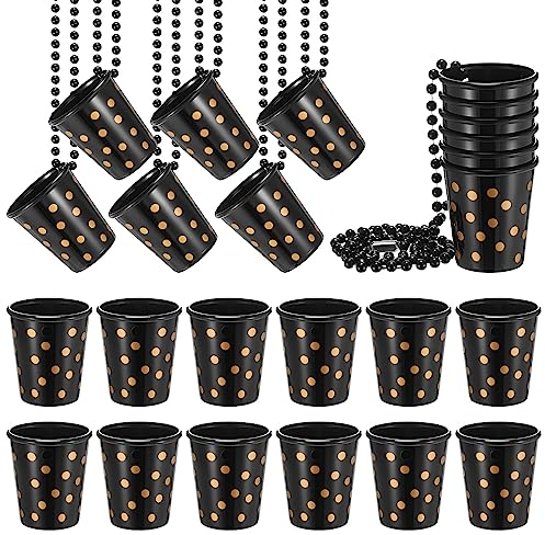 Huquary 24 Pcs Shot Glass on Beaded Necklace Black and Gold Shot Glasses Necklace Plastic Birthday Shot Glass Necklace for Party Supplies Decorations, as shown in the picture, Plastic