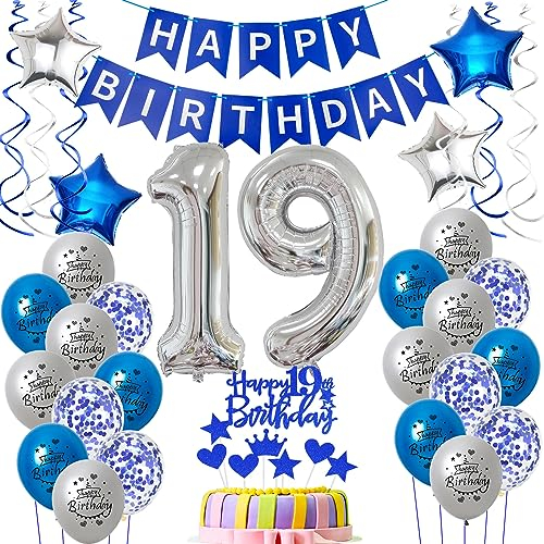 Luftballons 19 Geburtstag Junge deko blau, Geburtstagsdeko 19 Jahre Junge Dekoration, Ballon 19. Geburtstag Junge blau, Deko 19. Geburtstag Junge Luftballons,Tortendeko 19. Geburtstag Junge blau