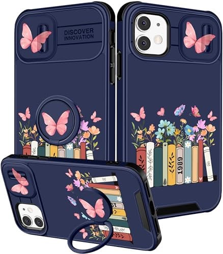 Pegmode (2in1 for iPhone 11 Case for Women Cute Girls Phone Cases Girly Kawaii Pretty Flowers Books Unique Design with Slide Camera Cover+Ring Holder Aesthetic for Apple iPhone 11 Cover 6.1 inch