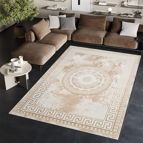 TAPISO Ares Teppich Kurzflor Glänzend Beige Creme Rosette 160 x 220 cm | Bordüre Barock Klassisch 3D Effekt Wohnzimmer Schlafzimmer OEKO-TEX