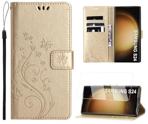 Anshow Lederhülle mit Samsung Galaxy S24 Ultra Hülle, Handyhülle für Samsung Galaxy S24 Ultra, Flip Wallet Hülle Leder Tasche Schutzhülle, Golden